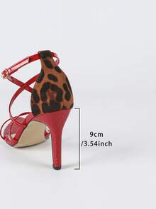 女士尖头斑点图案交叉踝带豹纹优雅奢华时尚派对高跟鞋 - 紅色 - 查看 8