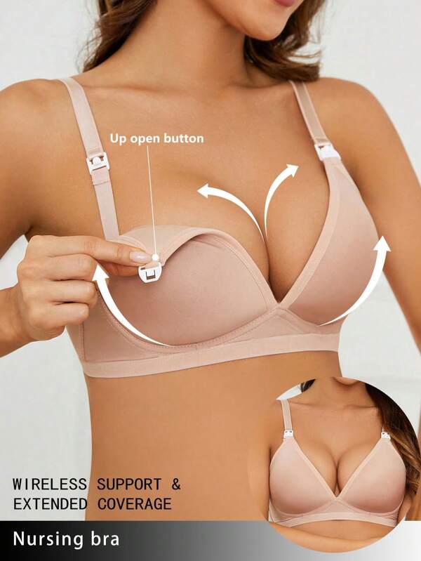 1pc Women's Solid Color Wireless Nursing Bra, Soft & Comfortable Underwear