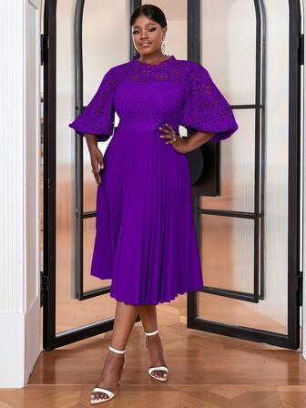 Plus Size Solid Color Lace Patchwork Lantern Sleeve Dress