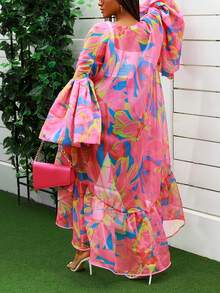 Women's Summer Chiffon Floral Print Kimono/Coverup, Long Sleeve, Asymmetrical Hem, Suitable For Outdoor, Beach, Vacation - Pink - View 8