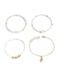 4pcs/Set Women Beach Style Shell Conch Pendant Beaded Anklets, Simple Layered Glass Pearl Chains Foot Jewelry, Suitable For Beach Vacation - White - View 7