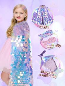 4pcs Princess Big Sequin Mermaid Cape, Sequin Cape Hair Clip Tail Piece Bag Princess Dress-Up Gift Set, Very Suitable For Dressup, Easter, Halloween, Birthday, Christmas Gifts, Party, A Small Gift To Send Friends. - Large Sequin Cape + Hairpin + Fishtail Bag - View 8