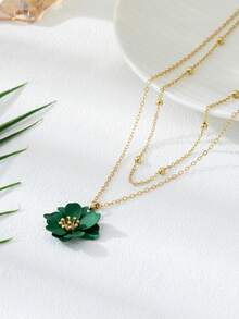 1 chiếc vòng cổ nhiều lớp hình hoa 5 lá bất đối xứng màu xanh lá cây, phong cách kỳ nghỉ hè trên đảo, năng động, tràn đầy năng lượng, thích hợp đeo khi đi du lịch/nghỉ dưỡng/hàng ngày (Sản phẩm này không chống thấm nước, vui lòng cẩn thận khi đeo và tháo ra khi đi bơi hoặc tắm. Chuỗi hạt được làm thủ công, số lượng hạt ngẫu nhiên và chiều dài cố định là chủ yếu) - màu xanh lá - Xem 2