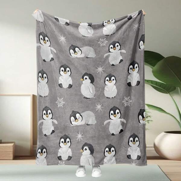 1pc Cartoon Penguin Pattern Flannel Blanket, Home Room Decor, Picnic, Travel, Plush Throw Blanket, Soft Blanket, Autumn Blanket, Bedroom Decor, Gift For Family, Friends, Birthday, Anniversary, Daily Use, Birthday Gift, Blanket Gift