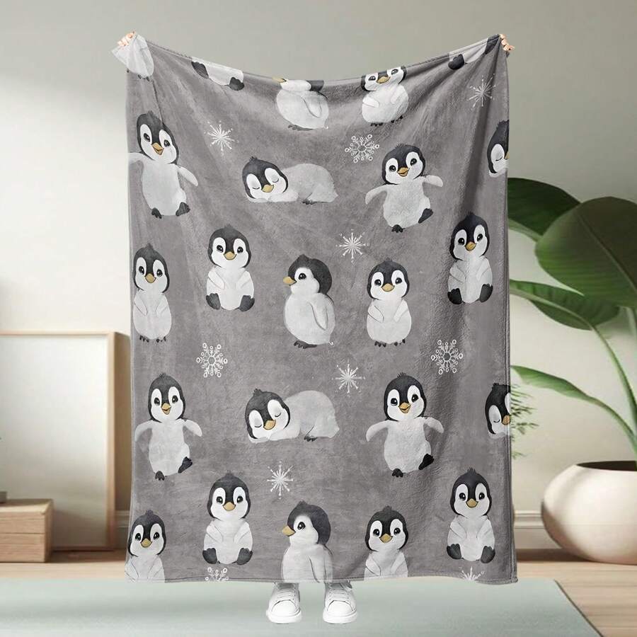 1 pieza Manta de franela con diseño de pingüino de dibujos animados, decoración del hogar, picnic, viaje, manta de felpa suave, manta de otoño, decoración del dormitorio, regalo para familia, amigos, cumpleaños, aniversario, uso diario, regalo de cumpleaños