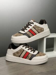 Men's Fashion Striped Floral Letter Patchwork Lace-Up Flat Sneakers, Outdoor Casual Athletic Shoes For Youths