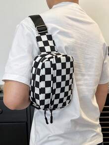 纯色尼龙和格纹面料时尚简约百搭运动风格男士迷你斜挎包，适合旅行和 - 黑與白 - 查看 2