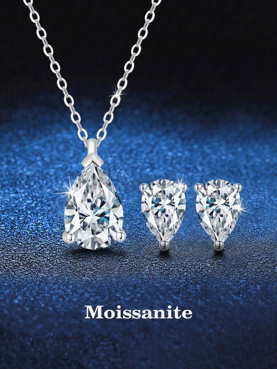 3pcs Luxury & Elegant 925 Sterling Silver 2.5ct Water Drop Shape Moissanite Earrings & Necklace Set, Suitable For Women's Daily, Banquet, Mother's Day, Wedding Anniversary Gifts - Silver - View 1