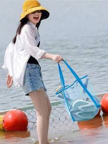 1pc Oversized Mesh Beach Tote Bag, Multifunctional Solid Color Shoulder Mesh Bag Grid, Beach Toy Storage Bag Extra Large Capacity Multifunctional Wear-Resistant Travel - Multicolor - View 2