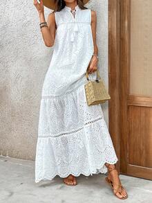 Women's Elegant Vacation Casual Everyday Solid Color Hollow Laser Cut Embroidery Splice Fringe Sleeveless V-Neck Layered Maxi Dress, Summer
