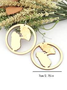 1 Pair Wooden Hollow Geographical Map Earrings, Vintage African Pattern Wooden Round Boho Earrings