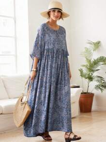Tops, Women's Plus-Size Elegant Dress, 2025 Summer Crew-Neck Short Sleeve Big Swing Print Everyday Dress, Bohemian Casual Vacation Beach Dress
