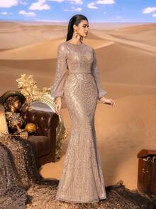 Faeriesty Haute Glamour Elegant Luxurious Sequined Mermaid Gown With Long Sleeves - Sparkling Crystal-Beaded Accents For Red Carpet Events, Celebrity Weddings, Gala Dinners, And Editorial-Ready Fashion Showouts - 卡其色 - 查看 7