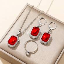Conjunto de 4 joias quadradas da moda para mulheres, 1 colar + 1 anel + 2 brincos, adequado para uso diário ou como presente, serve para todas as mulheres