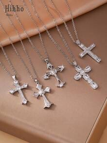 Hihho 1 chiếc vòng cổ thánh giá bằng thép không gỉ phong cách Punk cổ điển đính đá Zirconia, mặt dây chuyền thời trang thích hợp cho các cô gái đeo hàng ngày - Bạc - Xem 9