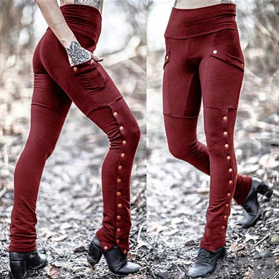 Black Pencil Pants For Women Medieval Gothic Steampunk Rivet Skinny Leggings Trousers Sexy Fashion High Waisted Denim Pants - Red - View 1