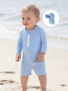 Toddler Boy Swim Set - Striped Rash Guard Top  Swim Shorts With Hat  UPF 50+ Sun Protection 0-36M - Blue - View 3