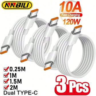 NNBILI 1/3Pcs Universal 120W 10A Fast Charger PD Dual Type C Quick Charging Cable Data Wire Cord Compatible With IPhone 15 Pro 16 Pro Max Compatible With Samsung Compatible With Huawei(Attention: Please Refer To The Last Text Of The Detailed Image For The Charging Speed Of Compatible Models) Nan Fast Charging