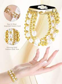 Pulseira de relógio feminina, pulseira de relógio com contas de pérola douradas, compatível com 38/40/41/42/44/45/46/49 mm, compatível com Ultra/Se/10/9/8/7/6/5/4/3/2/1, feita à mão, pulseira elástica leve, estilo retrô, adequada para uso diário e como presente de aniversário, pulseira de relógio