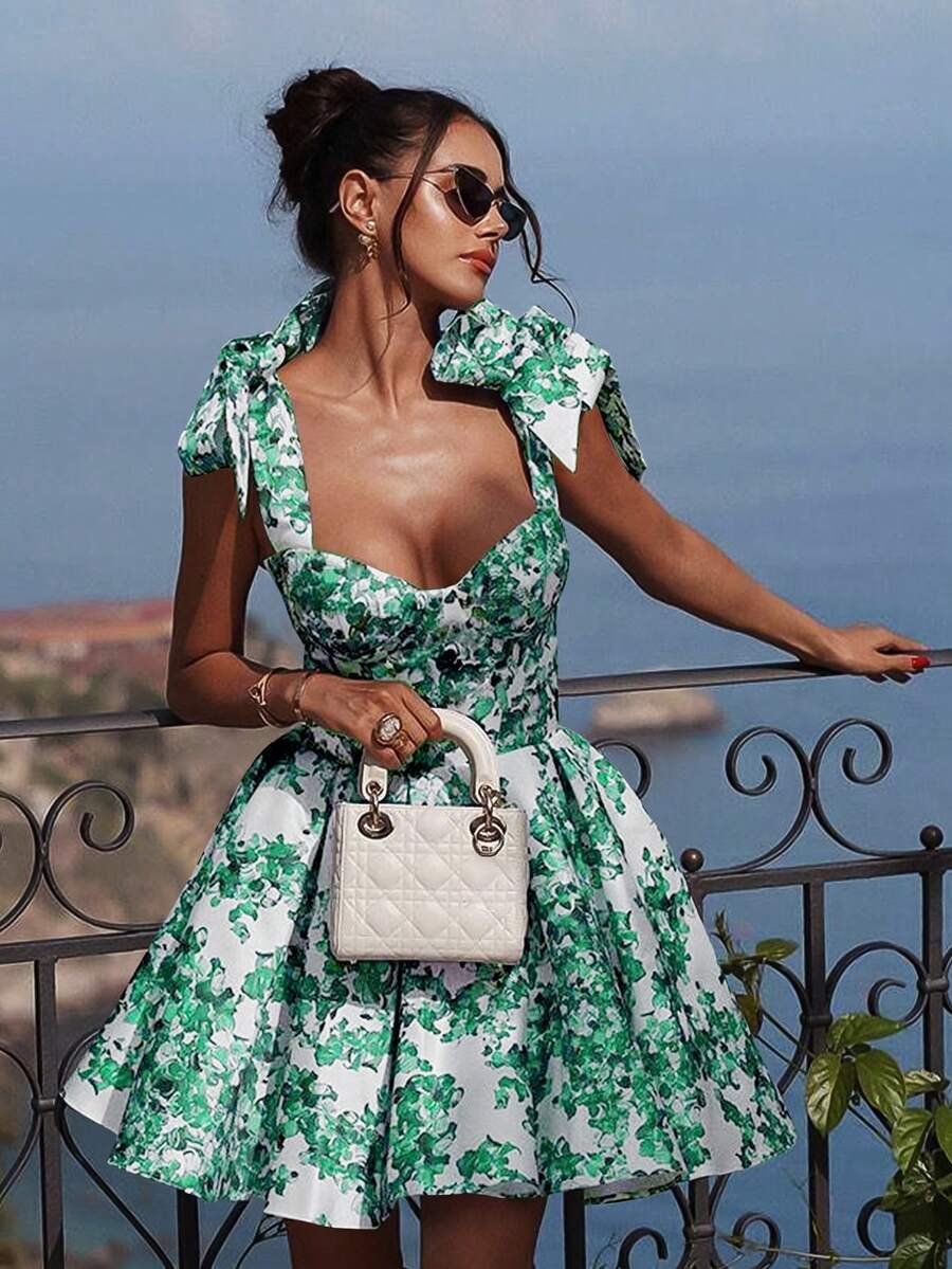 Women's Sexy Low Cut Vacation Style Fitted Floral Print Tie Waist A-Line Skirt Mini Backless Slim Strap Halter Short Dress, Vintage Elegant Swing Party Organza Temperament Bridesmaid Prom Evening Gowns, New Casual Wear Dresses, Spring Summer Fall