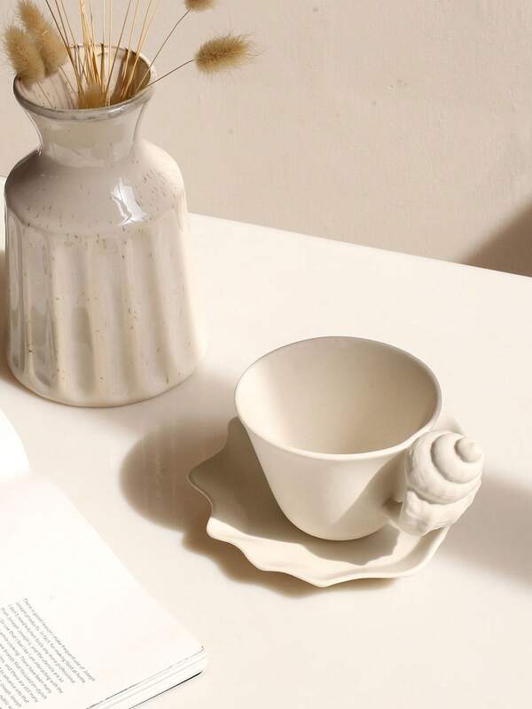 1 套创意陶瓷贝壳设计杯碟，海洋风格贝壳造型杯碟，适合家居装饰、咖啡杯、早餐牛奶面包套装、下午茶咖啡和蛋糕、礼物