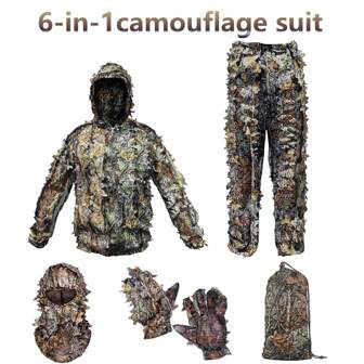 6-In-1 Gillie Suit, Lightweight Hooded Camouflage Outdoor Leaf Disguise Breathable Hunting Apparel