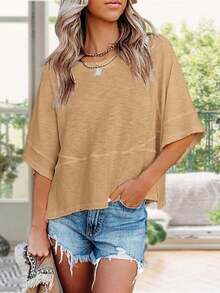 Women's Summer Casual Crewneck Batwing Half Sleeve T-Shirts Solid Color Loose Fit Cute Basic Flowy Tops Tees Blouses - Màu Khaki - Xem 1