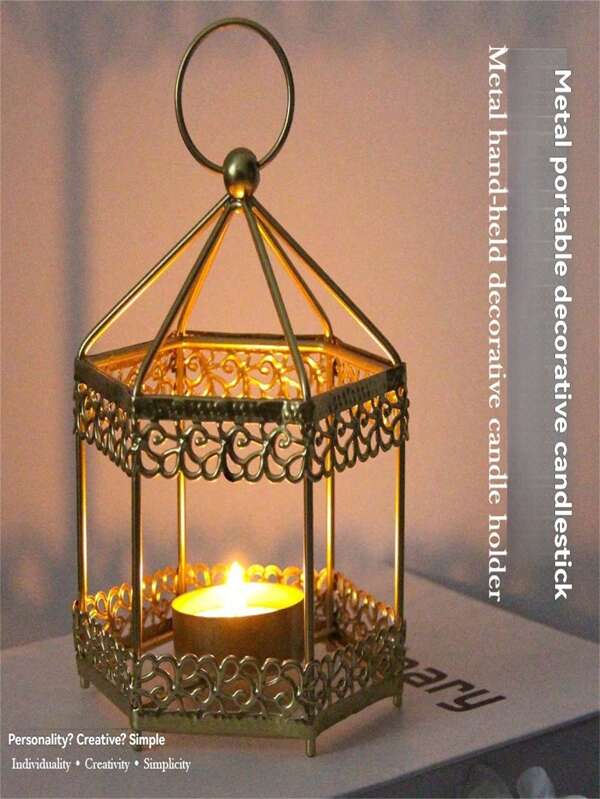 1pc Metal Wire Frame Hanging Candle Holder, Hexagonal Candlestick For Indoor & Outdoor Decor