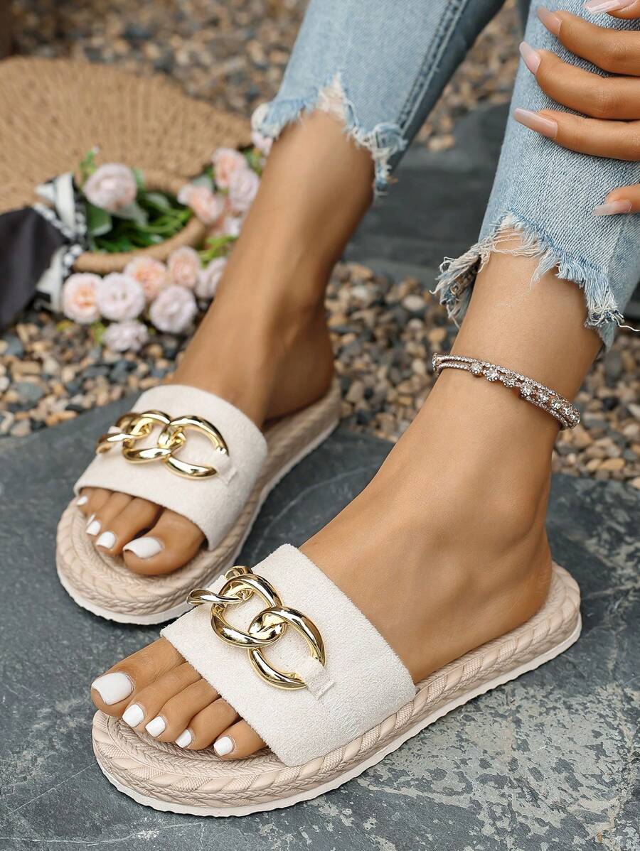 Women's Summer Sandals Slippers, Rope Sole Slippers, Metal Buckle Decor Slippers, Resort Style Sandals, Comfortable Slip-On Sandals, Thick-Sole Beach Slides, Printed House Slippers