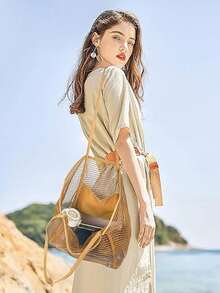 1pc Mesh Beach Tote Bag, Outdoor Activity Travel Organizer, Makeup, Cosmetic, Vacation Organizer, Large Capacity Cosmetic Organizer Makeup Case, Lipstick, Brush, Skincare, Phone, Coins, Small Items, Home, Gift, Holiday And Halloween Christmas Multipurpose, Bohemian Style - Multicolor - View 2