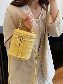 2024 Mini Red Color Contrast Handbag, Stylish Solid Color Women Cylinder Shoulder Crossbody Bag - Yellow - View 6