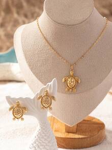 3pcs/Set Women Jewelry Set, Gold Metal Turtle Pendant Necklace And Earrings, Ocean Vacation Style Suitable For Daily Wear - Yellow Gold - View 1