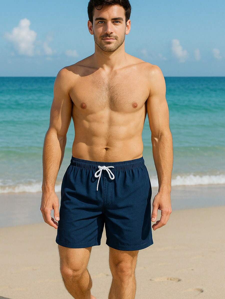 MEN'S SHORTS Solid Tropical Print - Navy Blue - View 1
