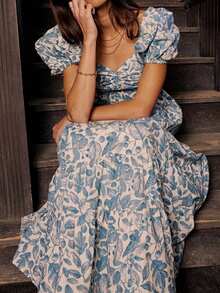 Women's Boho Square Neck Puff Short Sleeve Smocked A Line Maxi Dress Floral Print Tiered Ruffle Flowy Long Dress 2025 Summer Beach Sundress - Màu xanh lam - Xem 4