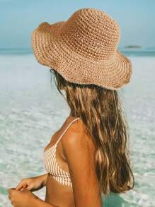 1pc Plain Crochet Big Brim Of A Hat Foldable Straw Hat With Adjustable Strap, Ideal For SpringAutumn Travel, Beach Vacation, Sun Protection, Y2K Style, Youthful Cowboy Hat