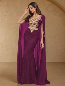 MIUSOL Robe de soirée maxi élégante à manches longues en dentelle florale et mousseline de contraste. Tenue de cérémonie, de gala, pour les invités de mariage