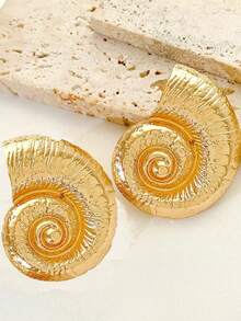 2 piezas Pendientes de botón con conchas marinas doradas exageradas, adecuados para el uso diario de las mujeres - Dorado - Ver 2
