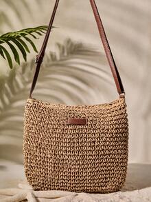 Tropiscape Patch Decor Straw Bag, Beach Essentials Women Bags For Vacation & Holiday Beach Autumn Winter Gifts
