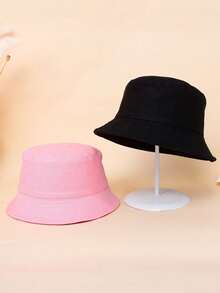 2pcs/Pack Kids Solid Color Printed Adjustable Sun Protection Breathable Casual Bucket Hat, Suitable For Outdoor Activities And Daily Use - Black+Pink - View 3