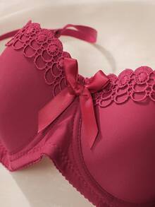 مجموعة سوتيان وسروال داخلي مطرزة بفيونكة للنساء - احمر وردي اللون - مشاهدة 4