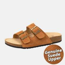 EVELLYHOOTD Suede Cork Clogs Unisex Sandals With Arch Support Comfort Buckle Flat Slippers Width Adjustable[ONE SIZE UP FOR WIDE FEET] - Maroon - View 2