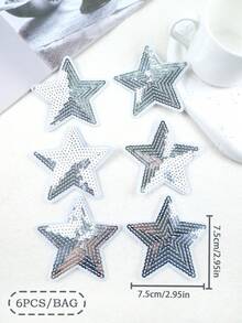 6pcs Silver Glitter Star Shaped Cartoon Style Embroidered Sew-On Patches, DIY Crafts Suitable For Clothes, Shoes, Hats, Bags - Silver - View 3