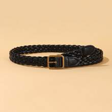 1pc Women's Solid Color Woven Waist Belt, Bohemian PU Leather