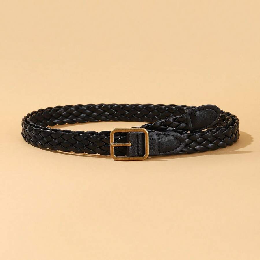 1pc Women's Solid Color Woven Waist Belt, Bohemian PU Leather