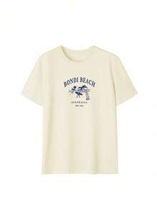 女款夏季 Bondi Beach 印花休閒簡約寬鬆日常街頭風短袖 T-shirt 上衣，女款夏季休閒街頭風上衣，沙灘上衣 - 杏色 - 查看 4
