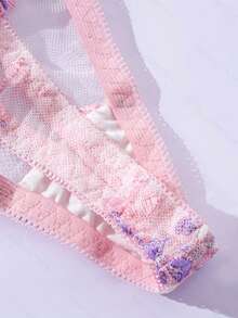 Women's Two Pieces Embroidered Lace Side Strap Bow Top With Briefs. The Top Is Paired With Lace Of The Same Color, Featuring An Exquisite, Simple And Fashionable Design.