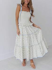 Women Summer Floral Spaghetti Strap Dress Y2K Flowy Smocked Tie Up Shoulder Boho Maxi Flowy Swing Dress Beach Sundress - 彩色 - 查看 2
