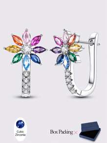 925 Sterling Silver Women's Hypoallergenic Rainbow Flower Shaped Cubic Zirconia Earrings, High Quality Elegant & Luxurious Jewelry Gift Suitable For Daily, Party And Banquet Wear - Silver - View 9