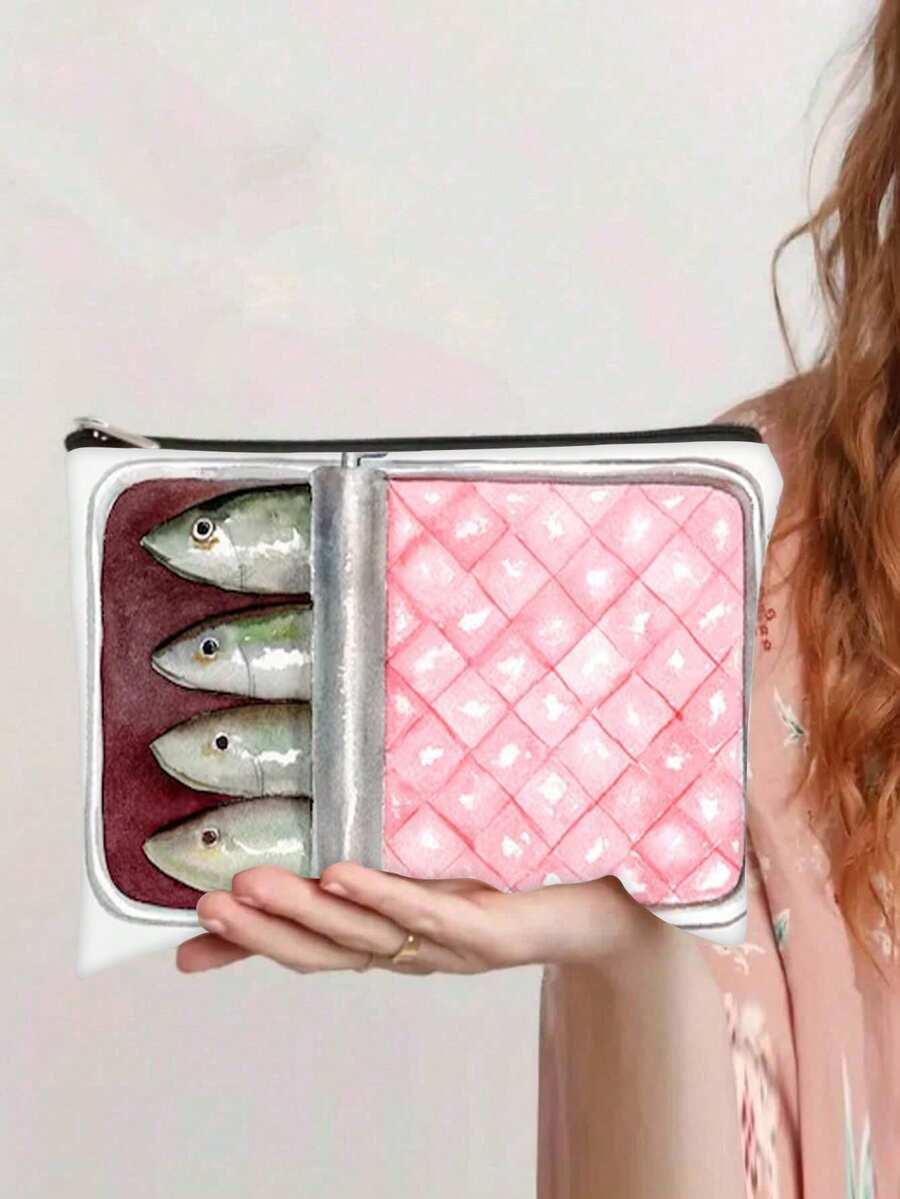 Unisex Adult Canvas Makeup Bag, Hypoallergenic Makeup Pouch, Fashion Sardine Print Zipper Makeup Bag, Polyester Double-Sided Printing With Lining Handbag, Christmas Gift For Friends - Multicolor - View 1