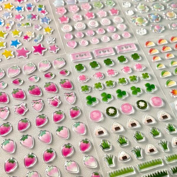 Pegatinas de resina para scrapbooking, pegatinas decorativas de epoxy con trébol de cuatro hojas y fresa lindos para funda de teléfono, manualidades DIY, útiles escolares, vuelta al colegio